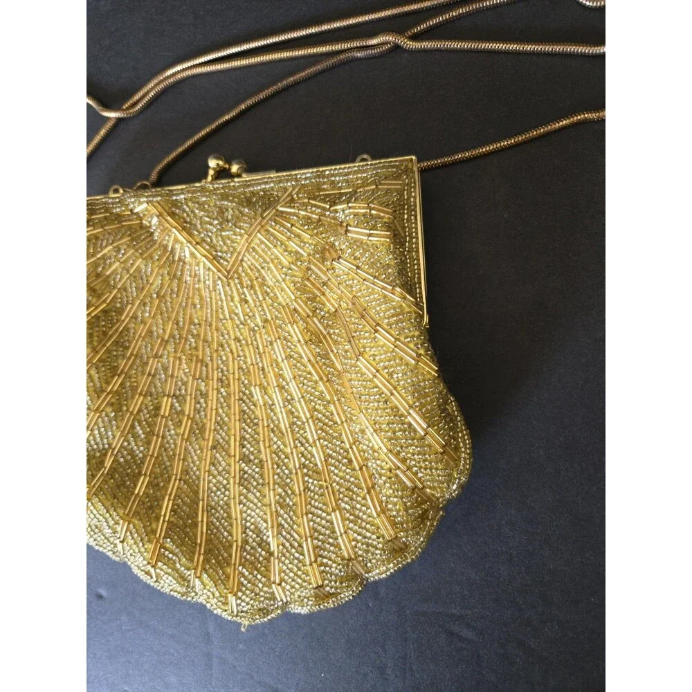 Vintage Partners by Mervyns Gold Beaded Clamshell Evening Bag / Clutch GUC